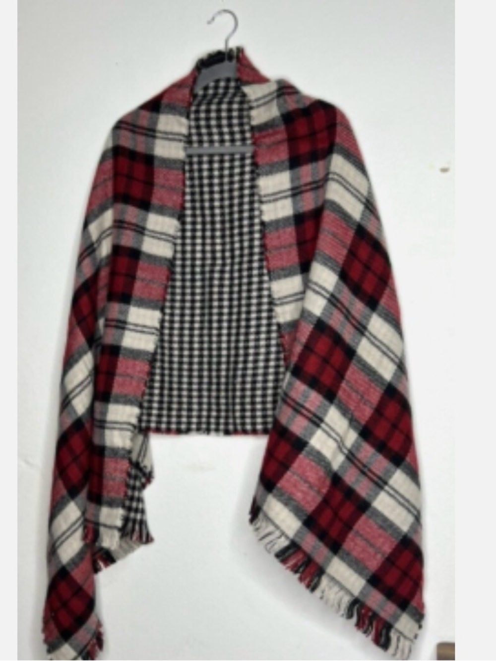 Steve Madden Red Cream Plaid Fringe Cape